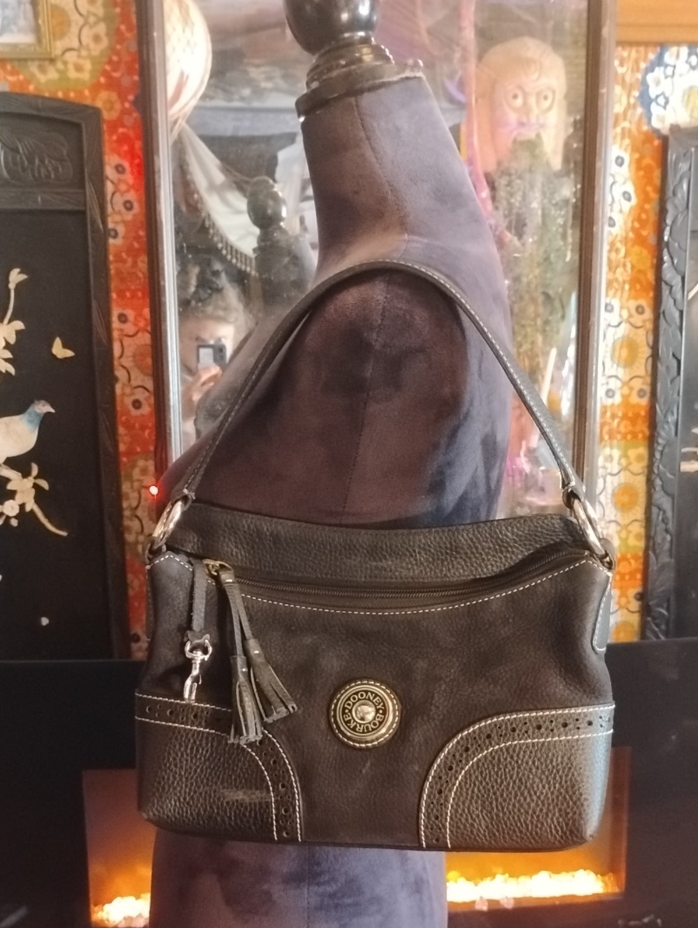 Vintage Dooney & Bourke Black Leather Shoulder Bag with Tassel Accent